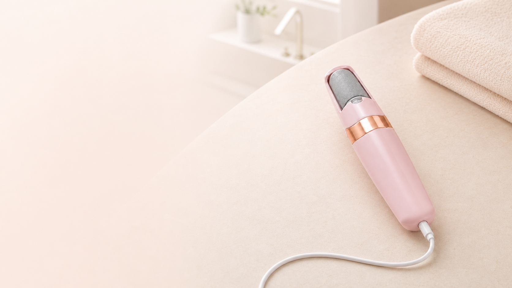 Rechargeable pink Pediore callus remover on a bright bathroom vanity
