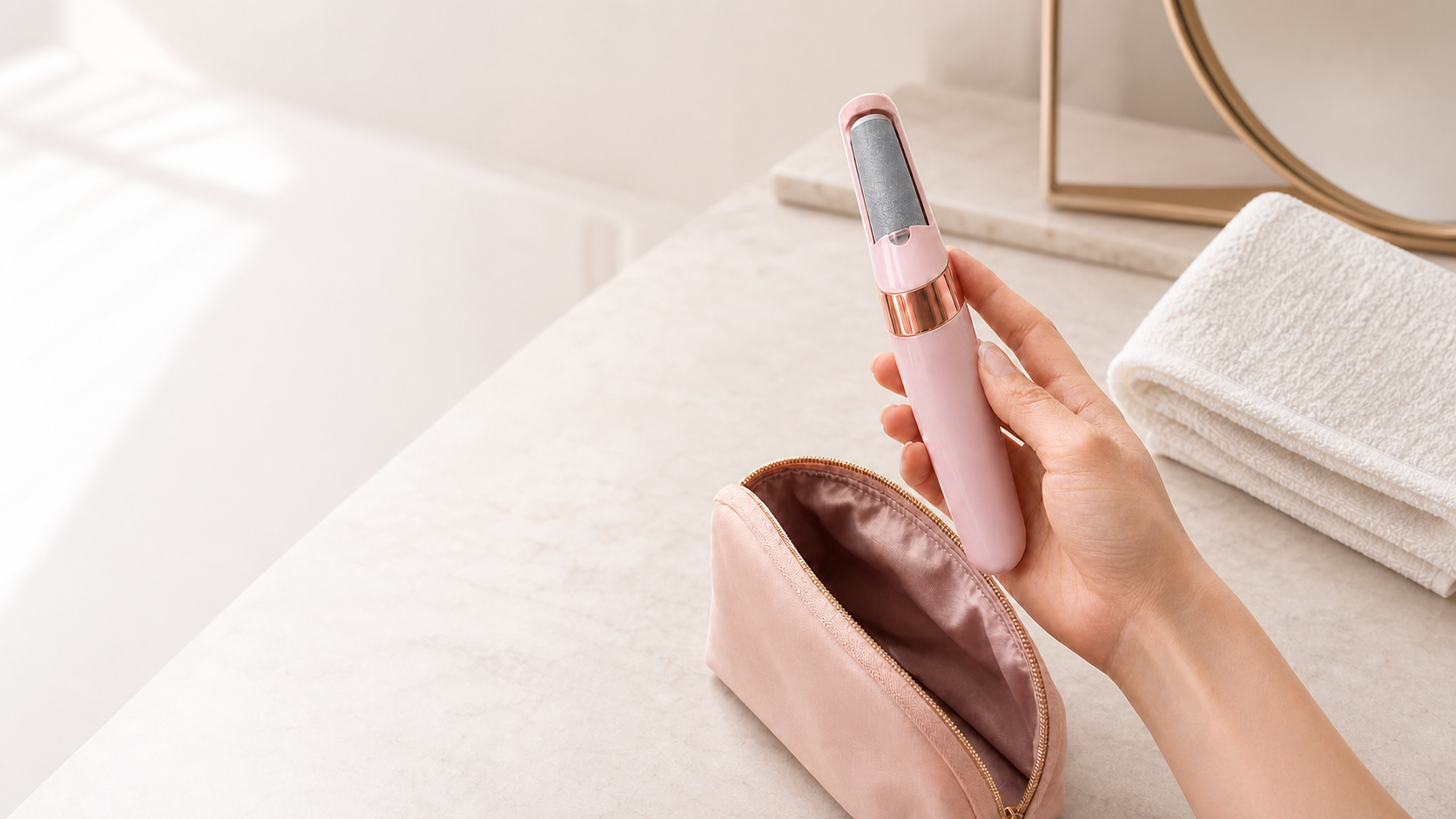 Travel-friendly pink Pediore callus remover and blush pouch