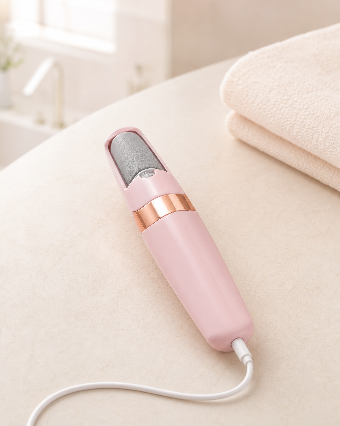 Pink Pediore electric callus remover connected to its USB charging cable