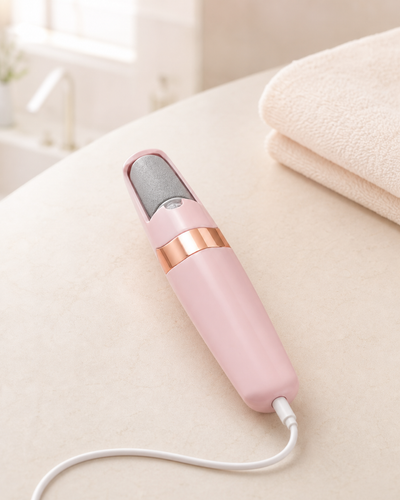 Pink Pediore electric callus remover connected to its USB charging cable