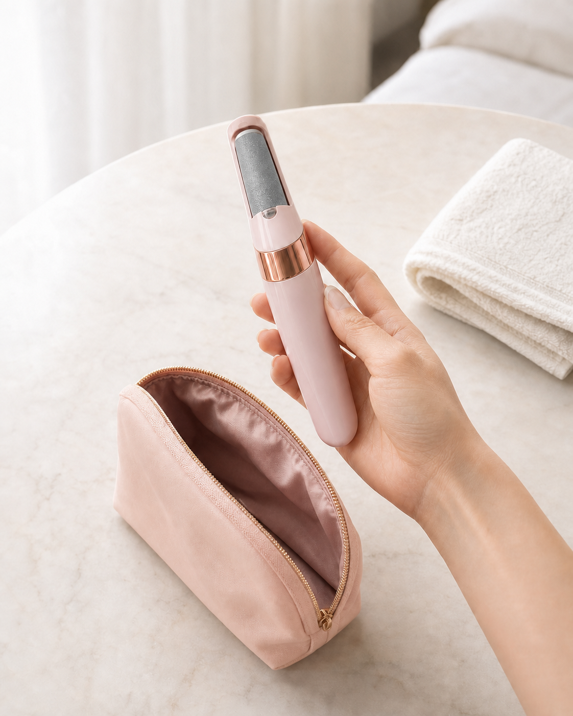 Compact pink Pediore callus remover beside a blush travel pouch