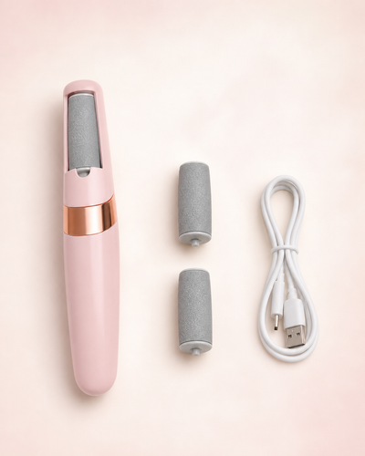 Pink Pediore callus remover with two replacement rollers and USB cable